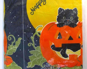Vintage Halloween Tablecloth NOS Black Kitten Cat Inside Jack O Lantern Pumpkin Moon Witch Unopened Package C.A. Reed 52"x96" 1980s