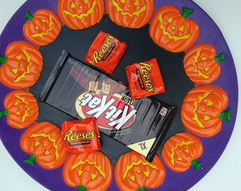 Vintage Fun Halloween Platter Pumpkins JOL Large Purple Black Tray Cupcakes Candy Decorating Party Spooky Smiling Jack O Lanterns