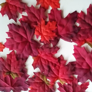 May include: A collection of red and burgundy artificial maple leaves. The leaves are scattered on a white surface.