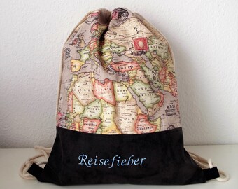 Turnbeutel mit Kunstleder und Stickerei - Tasche im maritimen Design, Stoffbeutel Rucksackbraun