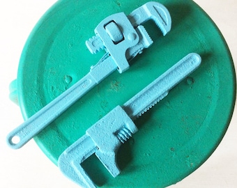 Industrial Pair of Blue Hand Painted & Decorative Pipe Wrench&#39;s, Upcycled Salvaged Vintage Tools, Primitive Rustic Farmhouse Mancave Decor