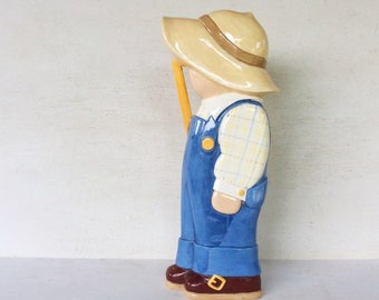 Ceramic Little Boy Kid Statue Outdoor Garden Sculpture w/ Fishing Pole, Wearing Blue Overalls, Yellow Hat & Brown Shoes 17” Inch x 5.5” Inch