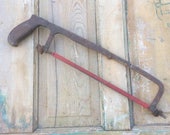 Rustic Primitive quot Crescent Tool Co. quot Vintage Metal Hack Saw w Red Blade, Mid Century Industrial Carpentry Woodworking Tools, Mancave Decor