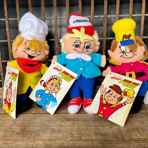 Kelloggs Snap, Crackle & Pop Stuffed Plushies “Bean Bag Breakfast Bunch” 1997 w/ Original Tags, Cereal Collectibles Toys 7.5” Inch Tall