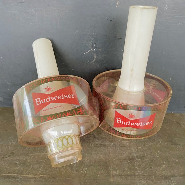 Retro Pair Budweiser Hurricane Wall Sconce Thick Plastic Lamp Shade Covers ca. 1971, Item No. 003-211-71, Bar Tavern Bud Beer Ads Souvenirs