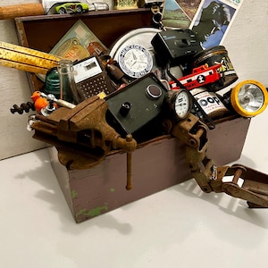 Vintage Junk Drawer Estate Lot Collectible Tins, Coal Mining Lamp, Nash Hubcap, Wood Tool Box, Travel Maps, Small Vise, Plus Much More