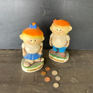 Quirky Pair Boy & Girl “Junior Saver” Coin Piggy Banks &quot;Peoples Union Bank and Trust Company&quot; ca. 1970s, Promotional Advertising Souvenirs