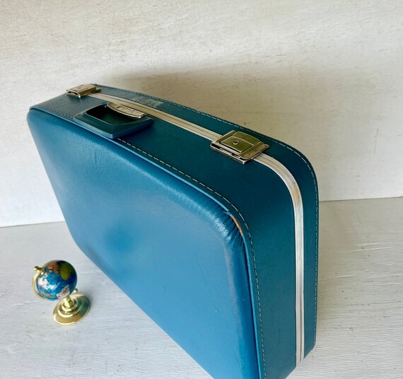 Vintage Blue Vinyl Hardshell Suitcase w/ Silver M… - image 1