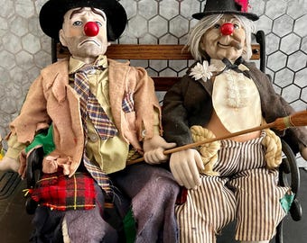Vintage 1983 Dynasty Dolls Porcelain Hobo Clown Statues on Wooden Bench-Tramp Clown Figurines-Circus Carnival Decor (19” Inches Tall)