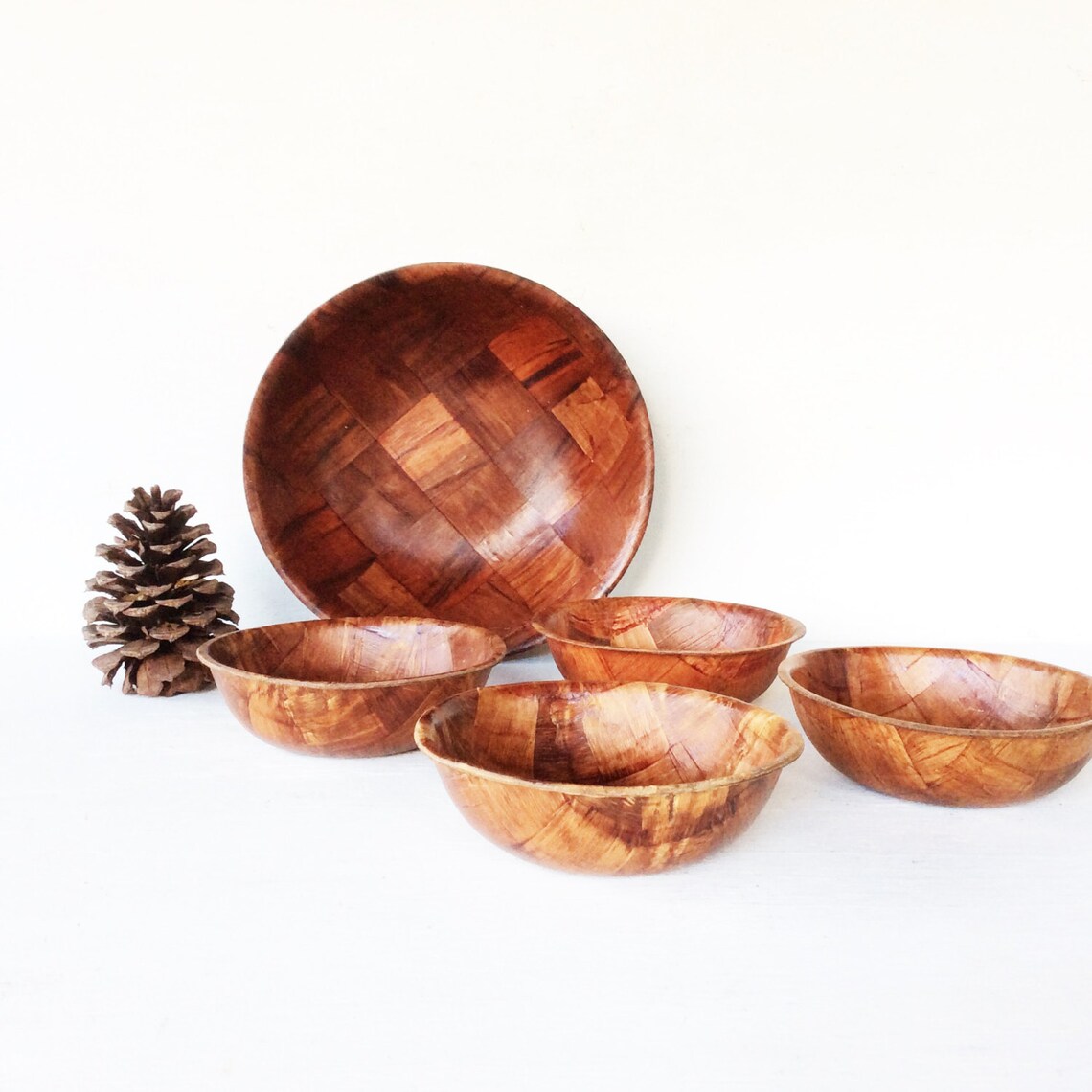 Vintage Set of 5 Weave Wood Salad Serving Bowls Rustic Etsy