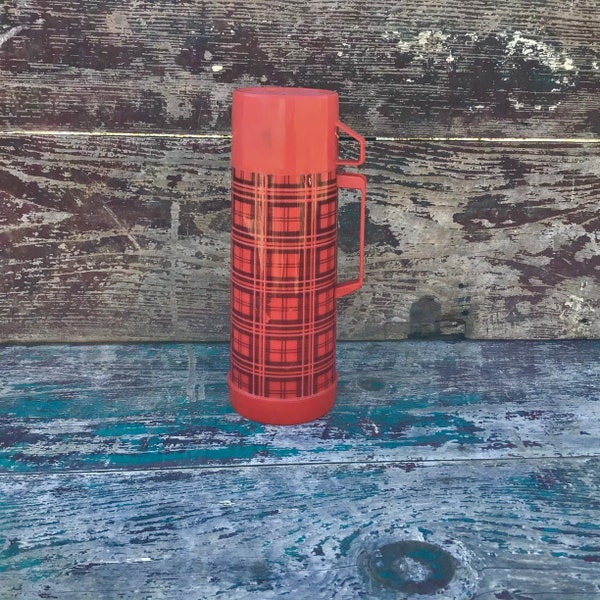 Vintage Red ALADDIN One Quart Thermos w/ Black Plaid Pattern, Stopper No. 31 Filler No. 032c Cup No. 243, Aladdin Industries Nashville