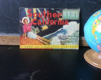 Pasta de cartões-postais vintage de lembrança do sul da Califórnia "Terra de Contrastes Coloridos" fabricada pela Longshaw Card Co., Los Angeles, Califórnia. Lembranças.