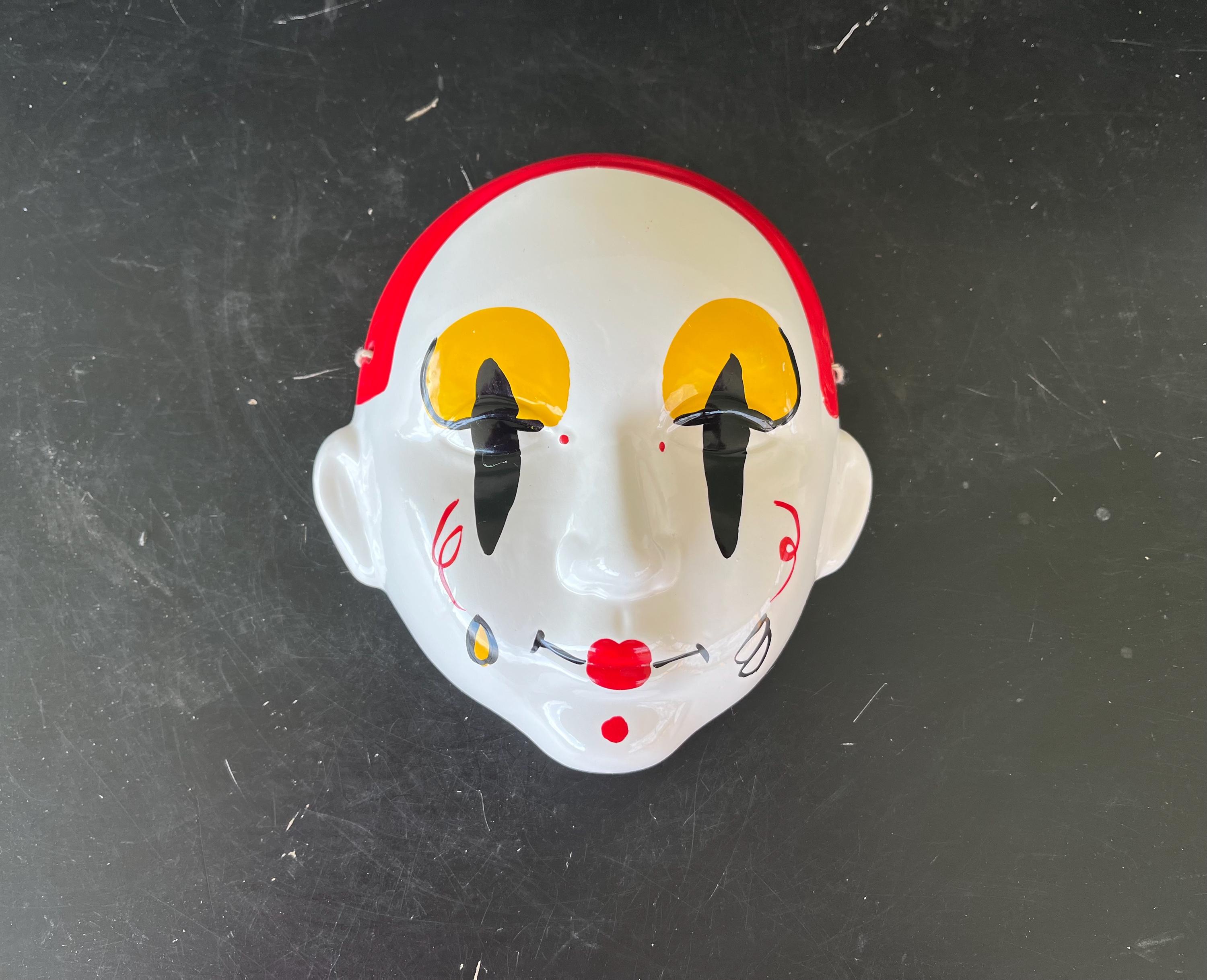 Vintage Ceramic Jester Clown Mask Wall Hanging White, Black, Yellow & Red Harlequin Masquerade Mardi Gras Art Mask Souvenir Collectible 80s
