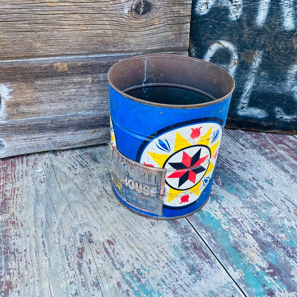 RARE 48oz. Maxwell House Coffee Tin Canister w/ Pennsylvania Dutch Hex Sign Scandinavian Design & Vintage Advertising Label ca. 1960s