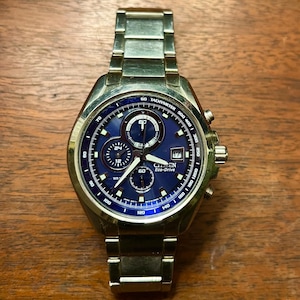 25% Off~ Men’s Citizen Eco-Drive Chronograph Tachymeter Stainless Steel Blue Wrist Watch WR-100, B612-S081955, GN-4W-S, 1980s, Works Great