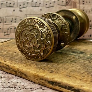 Antique Cast Brass Maltese Cross Doorknob Set w/ Matching Rosettes Made by Nimick & Brittan Mfg. Co. ca. 1883, Eastlake Victorian Style