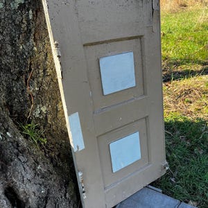 Reclaimed Weathered Wood Cupboard Cabinet Door w/ 2 Raised Panels, Original Knob Lock & Hinges, Architectural Salvage (18.5” x 33” Inch)