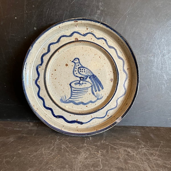 Salt Glazed Stoneware Pie Plate w/ Bird Figurine Classic Cobalt Blue Pattern, Westerwald Pottery Signed 94 (Small Chip) 8.5” Inch Diameter