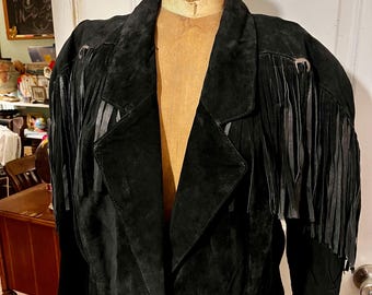 Women’s Black LEARSI Cropped Leather Fringe Jacket w/ Concho Buttons & Shoulder Pads SIZE Medium, Western Boho Cowgirl, 80s 90s Festival