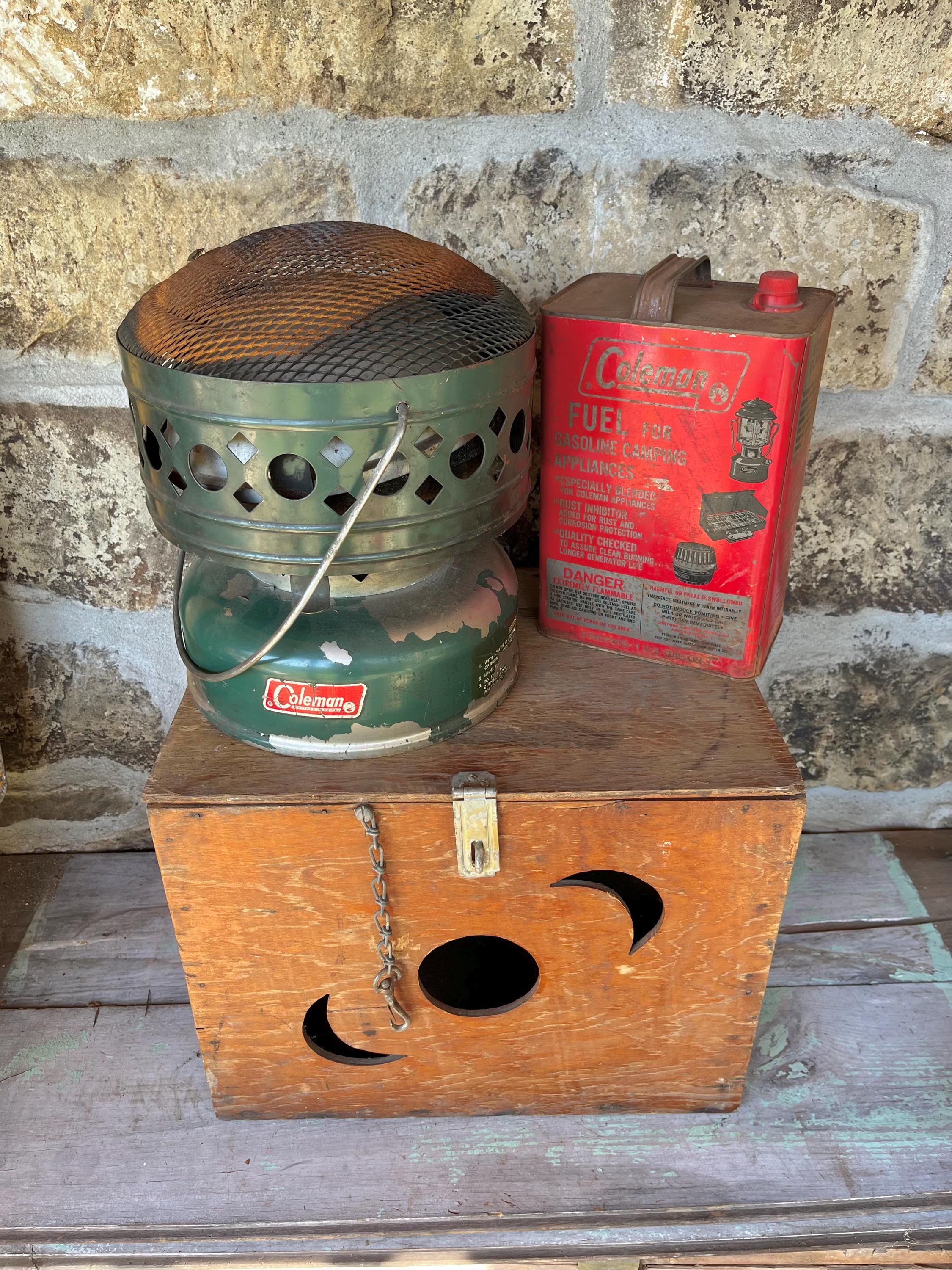Vintage 1967 Coleman Catalytic Heater, Fuel Can, Handmade Moon Box
