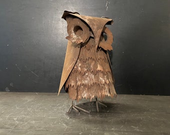 Brutalist Style Tin Metal OWL Figurine Sculptured Art, Abstract Steampunk Owl Statue 11” Inches Tall, Distorted Sculptured Metal Art