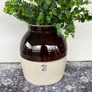 May include: A two-toned, brown and beige stoneware crock with a dark brown glazed top and a beige base. The number "2" is stenciled in blue on the base. The crock is filled with green leafy stems.