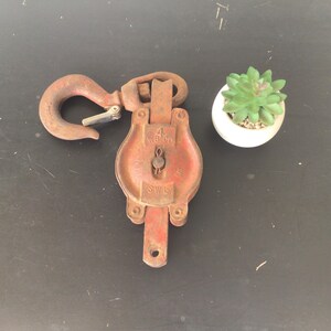 Industrial Red Metal Barn Pulley and Hook, Stamped: Crosby 4 WB. Co., 11.75&quot; Inch Length x 3&quot; Inch Width, Vintage Nautical Beach Decor