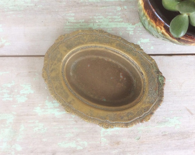 Ornate Antique Etched Brass Oval Bowl Vintage Tarnished Etsy