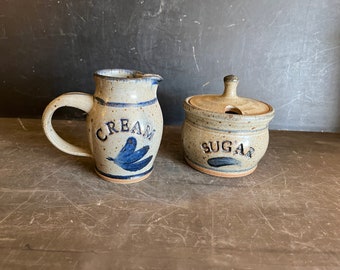 Primitive Pair Salt Glazed Stoneware Creme & Sugar Serving Set WESTERWALD POTTERY Signed 94, Vintage Kitchen Servingware Coffee and Tea