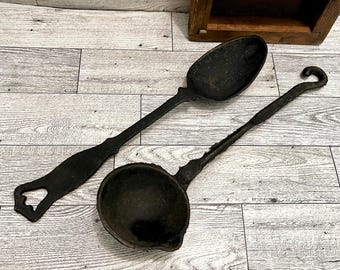 Primitive Hand-Forged Cast Iron Utensil Set-Vintage Black Serving Spoon & Hanging Soup Ladle-Cottagecore Farmhouse lKitchen Decor (11” Inch)