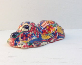 Vintage Patriotic Ceramic Chalkware Laying Dog Figurine Celebrating 1976 Bicentennial Decorated w/ Colorful Flag, Strawberries and Eagle USA