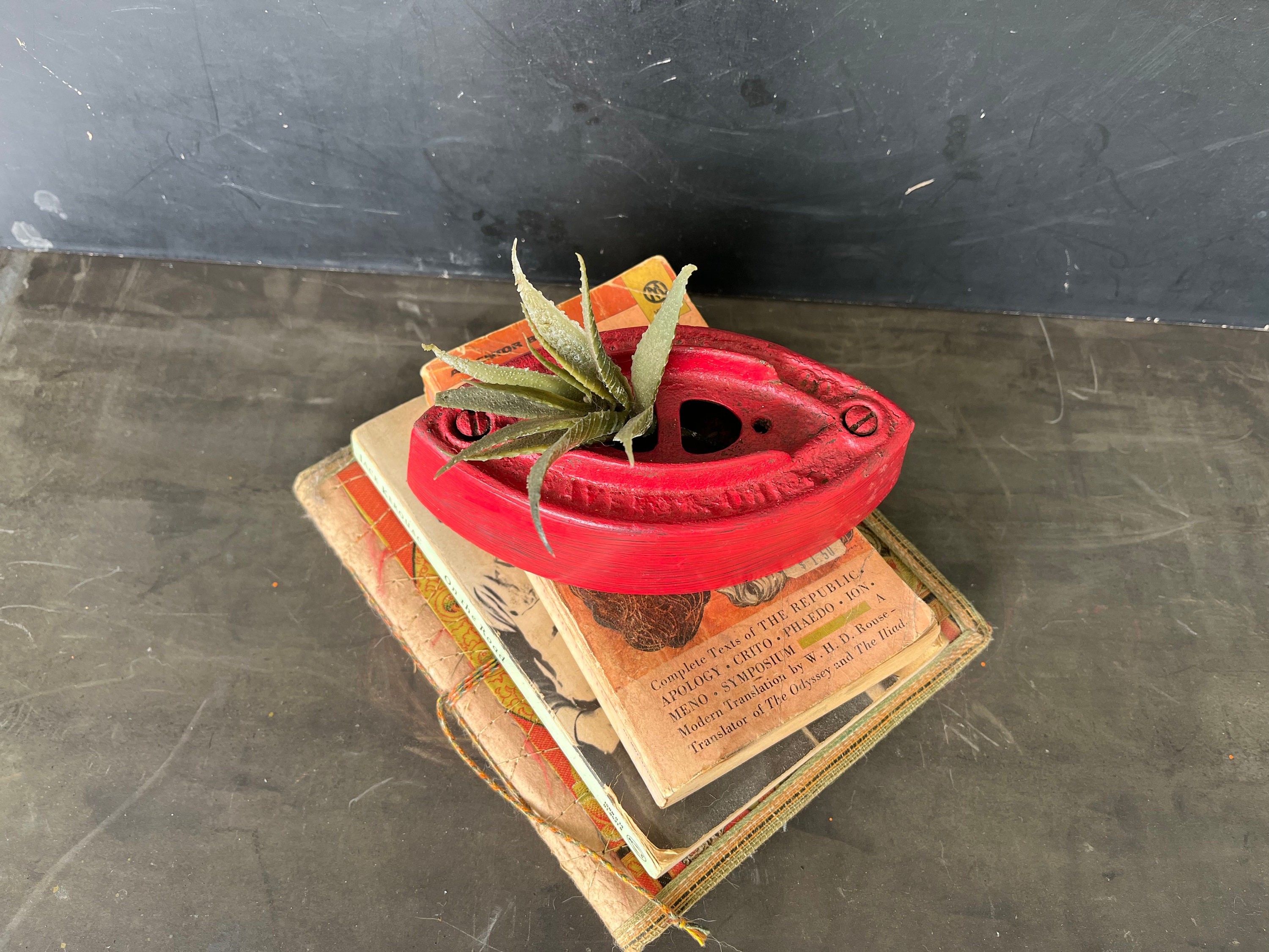 Industrial Hand Painted RED SAD IRON “Haven & Co.” Triangular Shaped Sadiron No Handle, Cast Iron Doorstop, Bookend Paperweight Shelf Accent
