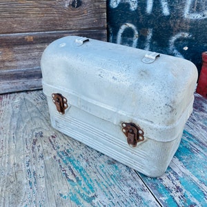 Distressed Aluminum LUNCHBOX w/ Rusty Metal Front Latch Locks &quot;Sanit-Kit, Old Pal Inc.&quot;, ca. 1960s, Industrial Storage Bin, Outdoor Planter