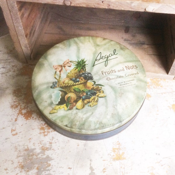 Vintage SEGAL Round Metal Candy Tin Container "Chocolate Covered Fruits and Nuts" L. Segal & Company ca. 1950s