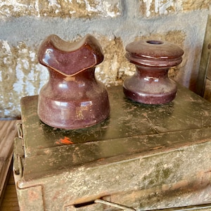 Antique Pair Brown Porcelain Insulators Saddle Groove & Spool Styles, Rootbeer Brown Ceramic Stoneware Insulator Paperweight or Doorstop
