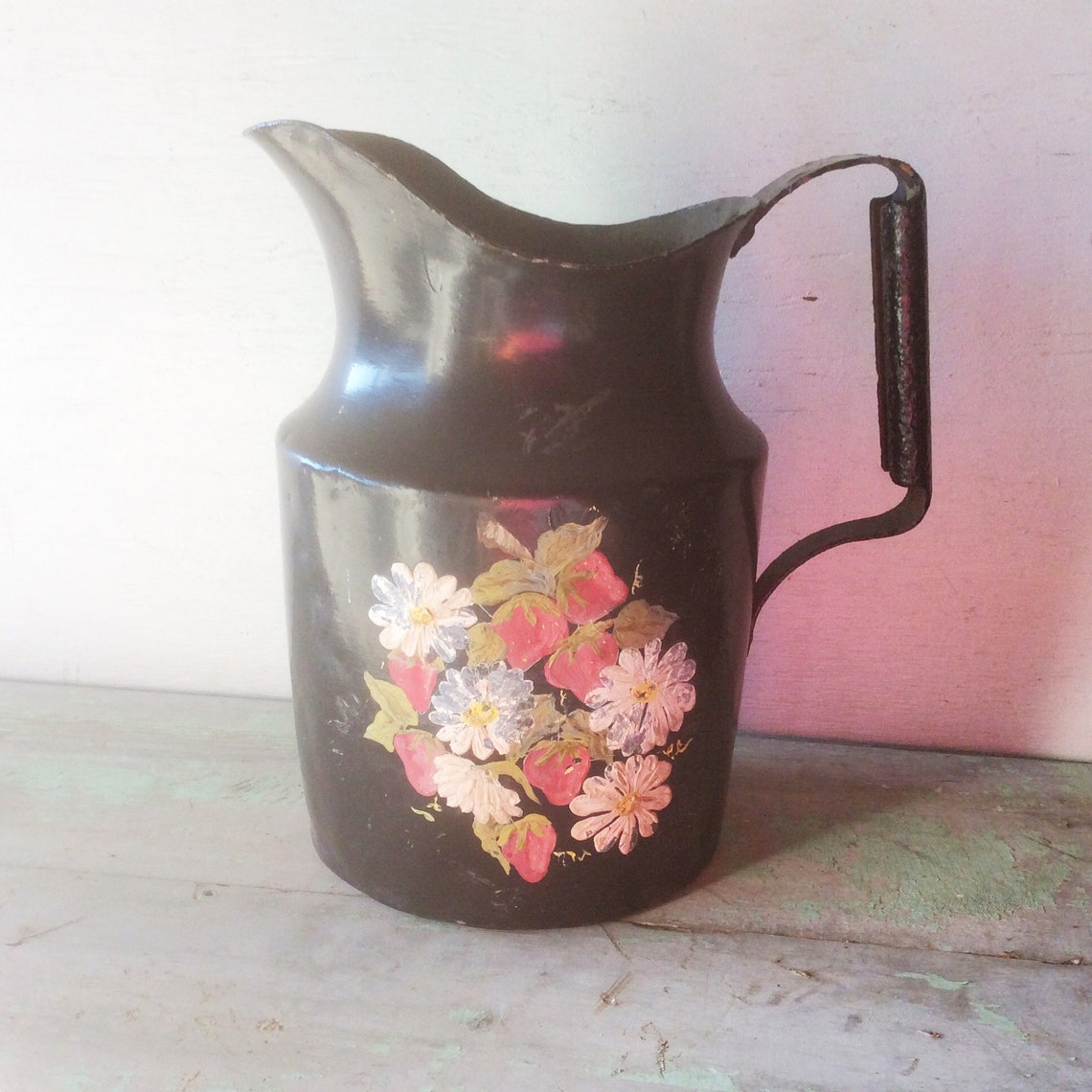 Rustic Black Metal Decorative Pitcher Vase W/ Hand Painted Etsy