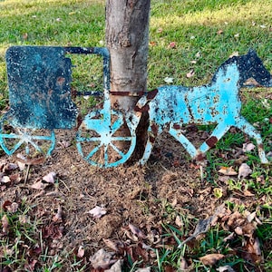 Metal Sculptured Amish Horse & Buggy Carriage Die Cut Silhouette Outdoor Lawn Ornament, Rusty Chippy Turquoise and Black Yard Decoration