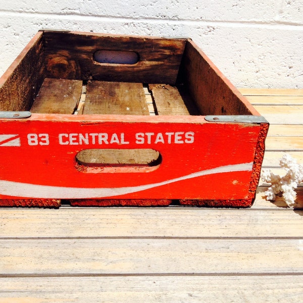 Vintage Red & White Coca Cola Wooden Beverage Bottle Crate 83 Central States Antique Coke Collectible Memorabilia Storage Container Wood Box
