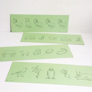 Set de 4 grandes tarjetas flash verdes con pájaros, perros, gato, sillas y copas, efemérides vintage, material de la tarjeta retro, arte de medios mixtos, decoración de la habitación de los niños
