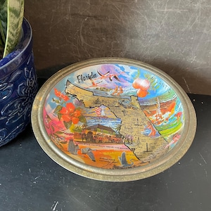 Carte colorée de l'État, FLORIDE, bol de service souvenir des années 1980, océan Atlantique, golfe du Mexique, cap Kennedy, fleur d'oranger 10 1/4" de largeur