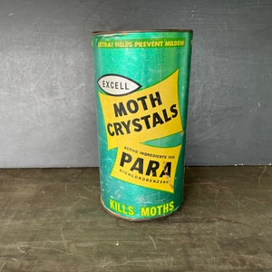 Vintage Excell Moth Crystals Tin Canister Net Wt 5lbs (Empty), Emerald Green & Yellow Mothball Tin Cans, Advertising Memorabilia Display