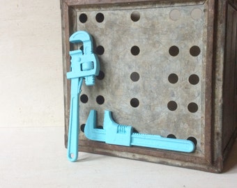 Industrial Pair of Blue Hand Painted & Decorative Pipe Wrench's, Upcycled Salvaged Vintage Tools, Primitive Rustic Farmhouse Mancave Decor