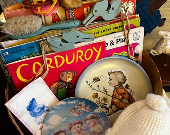 Vintage Lot of Children’s Dr. Seuss & The Golden Books, Bentwood Teddy Bear Pantry Box, Collectible Plates, Disney Glass Cup 30+ Items