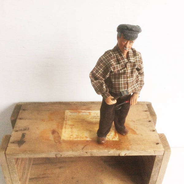 Vintage Ceramic Chalkware "Old Man" Carpenter Statue Figurine w/ Hammer Spiral Tools w/ Brown Flannel Shirt, Corduroy Pants Grey Fleece Cap