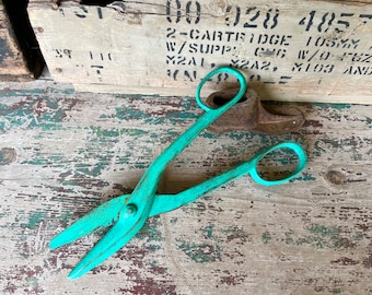 Green Turquoise Hand Painted Metal Tin Snips, Shabby Scissors, Industrial Cottage Chic Home Decor