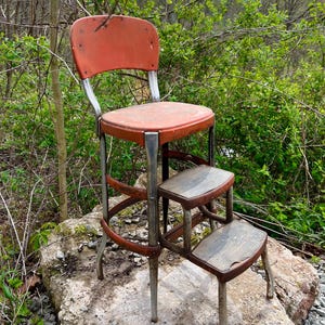 Red & Chrome Metal COSCO Pull Out Kitchen STEP STOOL 1950s