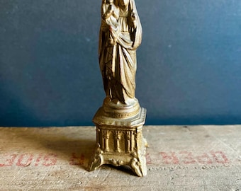 Antique St. Anne & Virgin Mary 4” Religious Devotional Statue-DSR FRANCE-Basilica of Sainte Anne de Beaupre Alter Figurine-Gilded Spelter