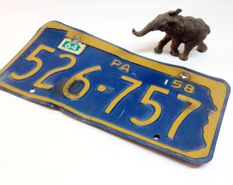 Vintage 1958 Pennsylvania PA License Plate Tag No. 526-757, Blue & Yellow Metal Plate, Industrial Mancave Wall Hanging, Collectible Souvenir