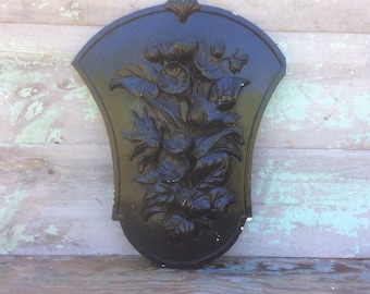 Black Enamel Sculptured Floral & Leaf CERAMIC CHALKWARE Sheild Shaped Wall Hanging, Shabby Cottage Chic Home and Wall Accent