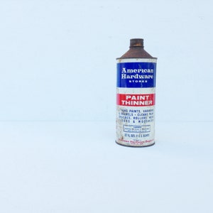 Industrial &quot;AMERICAN HARDWARE STORES&quot; Paint Thinner Tin Metal Advertising Can (Empty) Red White & Blue Container, Salvaged Mancave Display